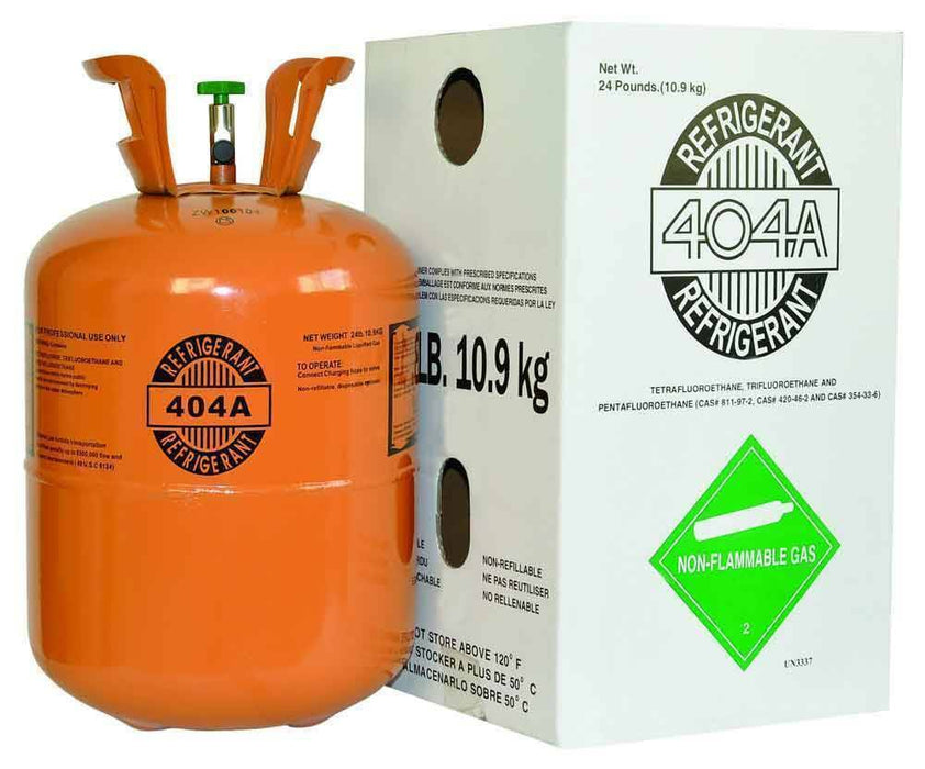 Factory-sealed 24 lb R-404A refrigerant cylinder with labeled box, available for wholesale shipping